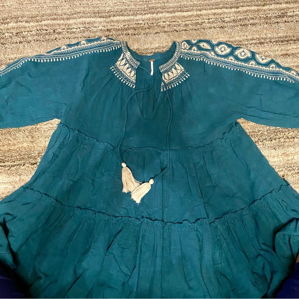 Free People Dreamweaver Tiered Embroidered Boho 3/4 Sleeve Tunic Size XSmall